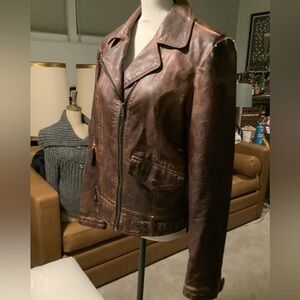 Kut from the Kloth faux leather moto jacket in distressed brown.